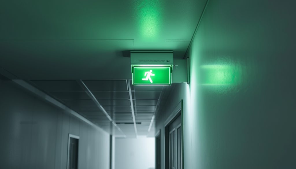 A green illuminated emergency exit sign mounted on a ceiling, glowing in a dim hallway.
