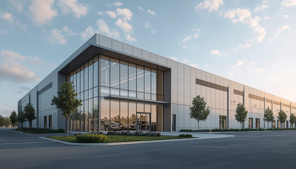 A modern industrial facility with large glass windows, clean exterior panels, and a landscaped entrance area.