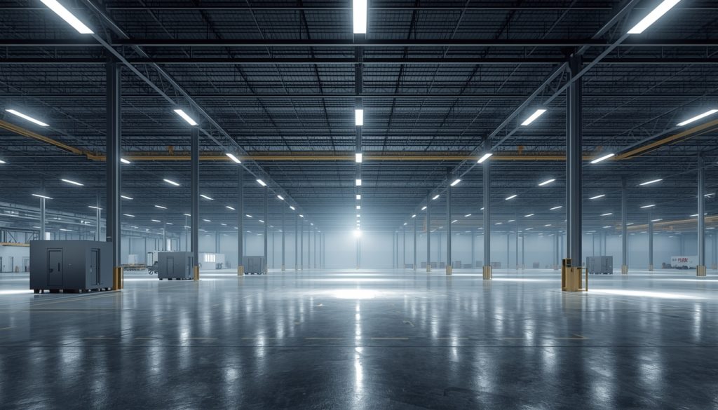 warehouse interior; bright LED lighting, high ceilings, steel columns, and polished concrete floors.