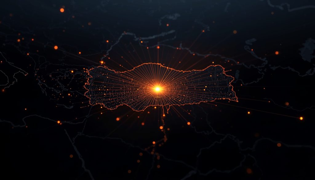 A digital map highlighting Turkey with a bright central glow and illuminated borders, creating a high‑tech hub effect.
