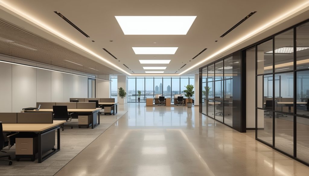 Modern open-plan office space with glass-partitioned meeting rooms, LED ceiling panels, work desks, and large windows offering city views.