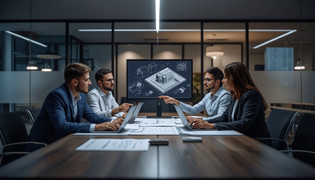 A group of professionals in a modern meeting room reviewing architectural plans on a large screen.